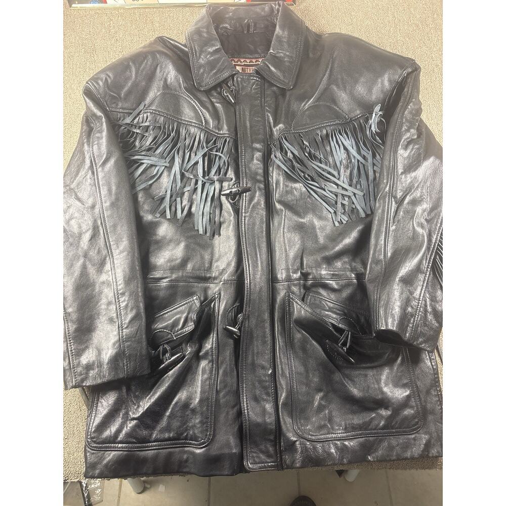 Winlit Leather Fringe Jacket Men’s XL Western Biker Black Genuine Leather